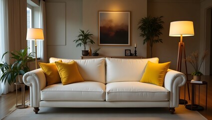 A 3D-rendered modern living room featuring a sleek white sofa - with elegant decor. The scene includes  a contemporary lamp, neatly arranged