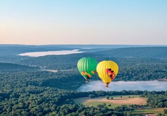 Naklejka premium Hot Air Balloons Floating Over Lush Green Landscape at Sunrise