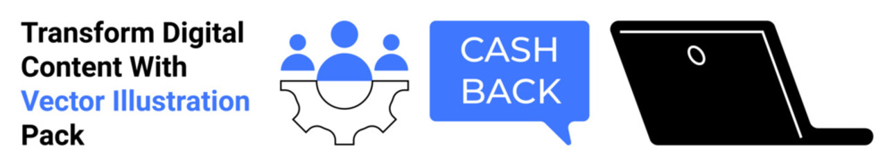 Three elements teamwork gear, cashback chat bubble, and a laptop device. Ideal for finance, digital marketing, technology, online services, e-commerce, virtual teamwork flat landing page banner