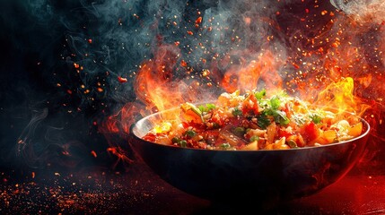 Realistic Thai Food with Colorful Spices and Smoke in Captivating Photography