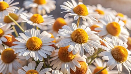 Fototapeta premium Captivating closeup of chamomile flowers with white petals and yellow centers in a herbal garden nature photography serene viewpoint floral beauty