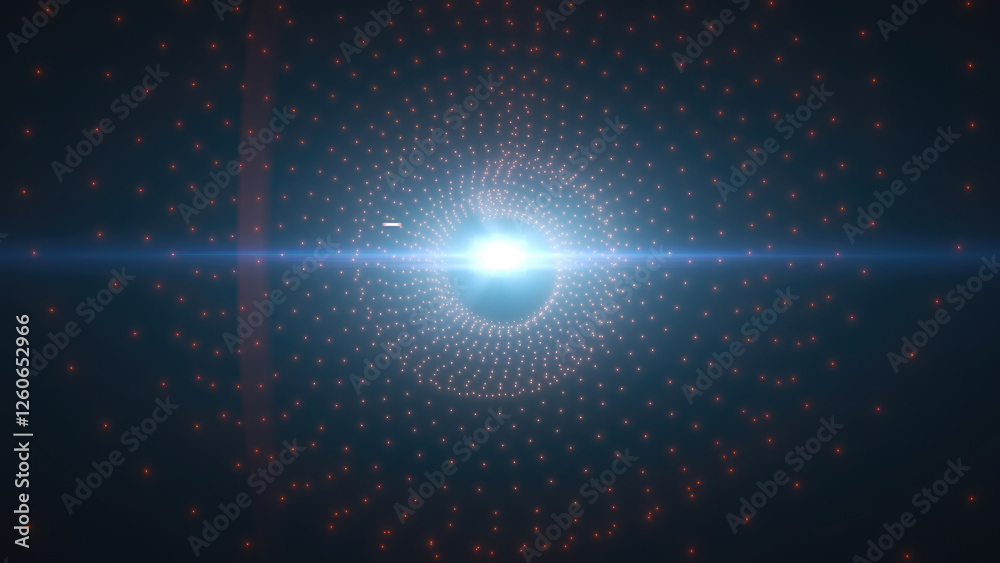 Poster red and gold digital grid pattern forming a tunnel effect with a radiant light center, representing 