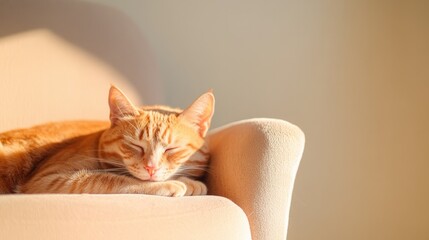 cozy living room with soft natural light filtering in on content cat napping on plush oversized armchair