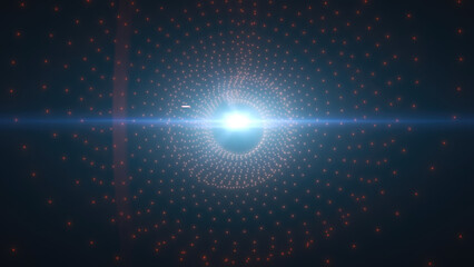 Red and gold digital grid pattern forming a tunnel effect with a radiant light center, representing futuristic and data-driven concepts background