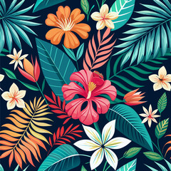 Tropical flowers and leaves on a dark background