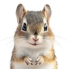 Obraz premium Cute chipmunk portrait, paws forward, white background, wildlife photography, ideal for pet, nature, or children's book