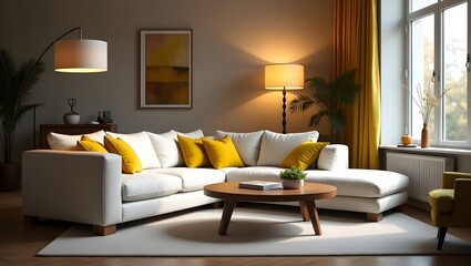 A 3D-rendered modern living room featuring a sleek white sofa - with elegant decor. The scene includes  a contemporary lamp, neatly arranged