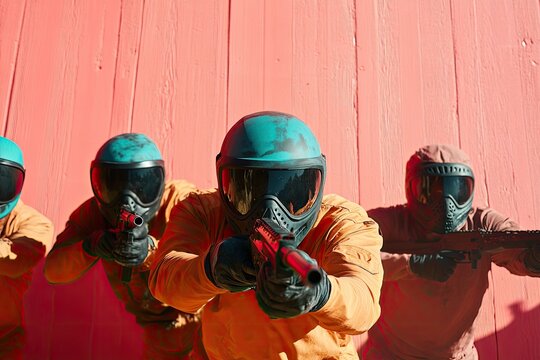 dynamic and colorful photo capturing exhilarating action of players immersed in strategic paintball or laser tag game