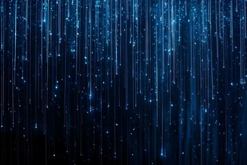 A dark background filled with vertical streaks of blue light, creating a shimmering effect reminiscent of falling rain or stars. Concept Abstract Light Art, Blue Vertical Streaks