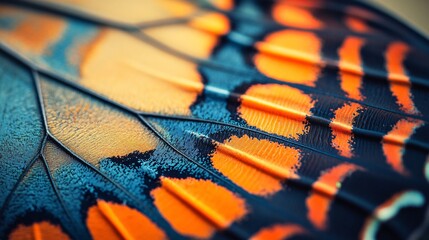 Extreme close-up of a butterfly wing, highlighting intricate textures, vivid orange and blue patterns, and delicate scale structures in fine detail.