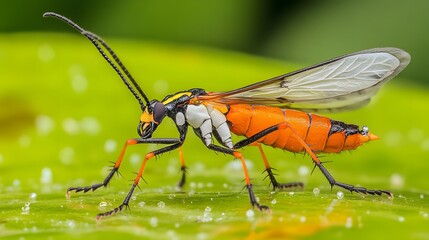 Fototapeta premium Vibrant Orange Insect Macro Photography on Leaf
