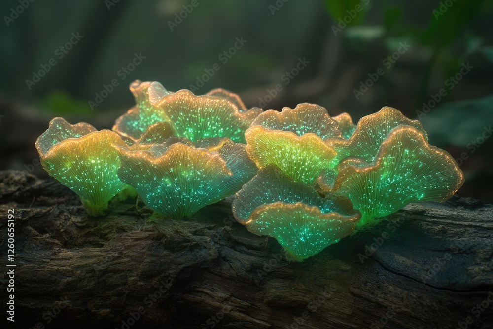 Poster glowing bioluminescent mushrooms cluster on a dark forest log, radiating ethereal light.