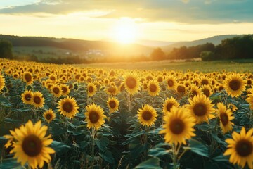 Obraz premium Vast sunflower field at sunset, vibrant yellow blooms bathed in golden light.