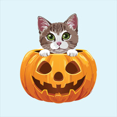 Chubby kitten sitting inside a glowing jack-o'-lantern
