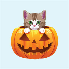Fototapeta premium Chubby kitten sitting inside a glowing jack-o'-lantern