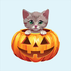 Chubby kitten sitting inside a glowing jack-o'-lantern