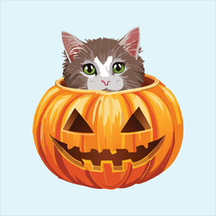 Halloween cat curled up inside a giant pumpkin