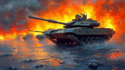 Infernal Combat: Tanks Roll Through Fiery Battlefield. A Powerful Depiction of War's Devastation