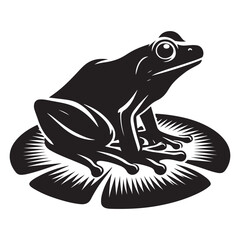 Frog on a lily pad Silhouette Vector Illustration, Solid White Background.