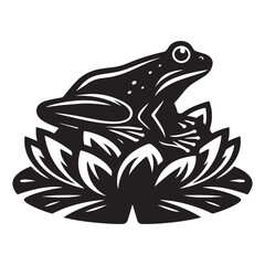 Frog on a lily pad Silhouette Vector Illustration, Solid White Background.