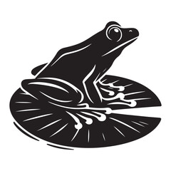 Frog on a lily pad Silhouette Vector Illustration, Solid White Background.