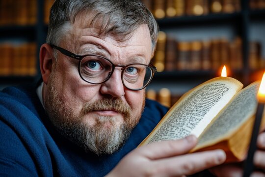 A gothic-style scholar in a candlelit study, analyzing cryptic statistical formulas written on ancient scrolls