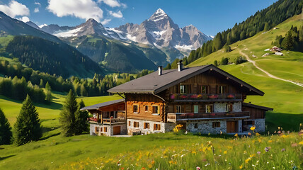 Fototapeta premium Mountain chalet and green meadows landscape in the Alps with wooden home