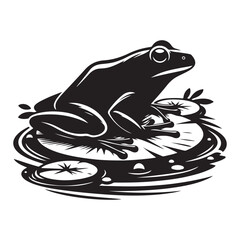 Frog on a lily pad Silhouette Vector Illustration, Solid White Background.