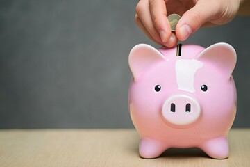 A hand is inserting a coin into a cute pink piggy bank, symbolizing saving money and financial planning.