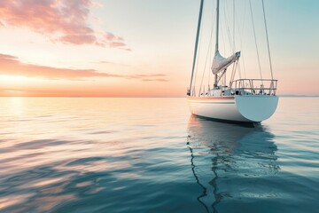 serene sailboat anchored in tranquil bay under vibrant sunset sky offering extensive copy space