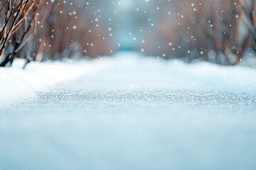 serene snow-covered winter garden path lined with frosty branches and barren trees