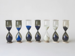 Fototapeta premium Six Hourglasses Showing Time Progression Blue and White Sand