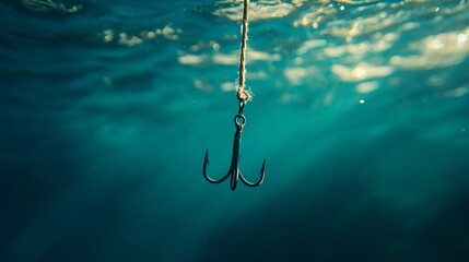 Close-up of a sharp fishing hook hanging underwater, illuminated by sunlight filtering through the water's surface, creating a sense of depth and anticipation.
