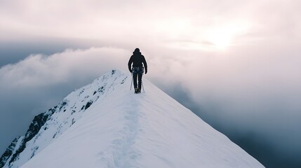 Naklejka premium Lone Mountain Climber Reaching the Dramatic Peak Amidst Sunlight and Clouds