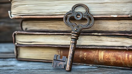 Decorative key rests against a stack of old books