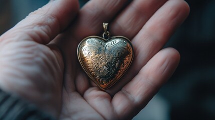 Close-up of a delicate, engraved heart-shaped locket resting in an aged hand, symbolizing love, memories, heritage, and sentimental value.