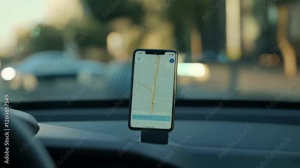 Poster Navigation app running on smartphone placed on car dashboard showing route on map while driving through city streets at sunset in slow motion