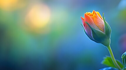 Vibrant Orange Rosebud Blooming in Soft Blue Background