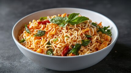 Realistic Photography of Delicious Pad Thai Noodles in a Stylish White Bowl Garnished with Fresh Basil