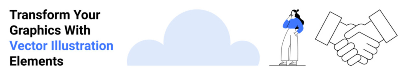 Woman in blue pondering creative ideas with handshake symbolizing collaboration, framed by a cloud background. Ideal for teamwork, partnerships, brainstorming, creativity, business growth, design