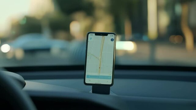 Navigation app running on smartphone placed on car dashboard showing route on map while driving through city streets at sunset in slow motion