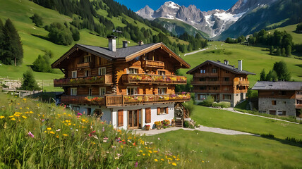 Mountain chalet and green meadows landscape in the Alps with wooden home