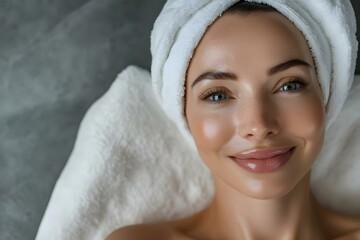 A woman with a towel wrapped around her head smiles, showcasing clear skin and natural beauty. Concept Natural Beauty, Skincare Routine, Confident Smiling, Towel-Dry Hair, Fresh and Radiant