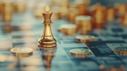 Goldplated chess piece standing tall on a financial board, strategic success