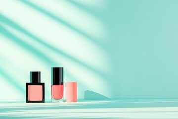 vibrant flat lay of delicate spring-themed makeup essentials on soft pastel background