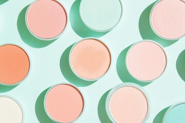 vibrant flat lay of delicate spring-themed makeup essentials on soft pastel background