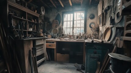 Rustic workshop filled with tools and wooden furnishings, sunlight streaming through window