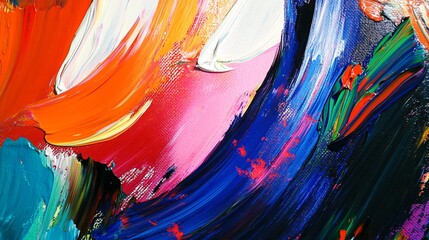 Vibrant abstract painting with thick, textured oil paint strokes in bold colors like blue, orange, pink, and green, creating a dynamic composition.
