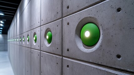 A modern concrete wall features a series of circular green lights, creating a sleek and industrial aesthetic.