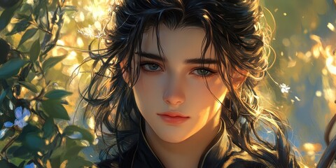 Fototapeta premium Portrait of a Thoughtful Individual Surrounded by Lush Greenery, Illuminated by Sunlight, Capturing the Essence of Beauty and Contemplation in a Serene Natural Setting